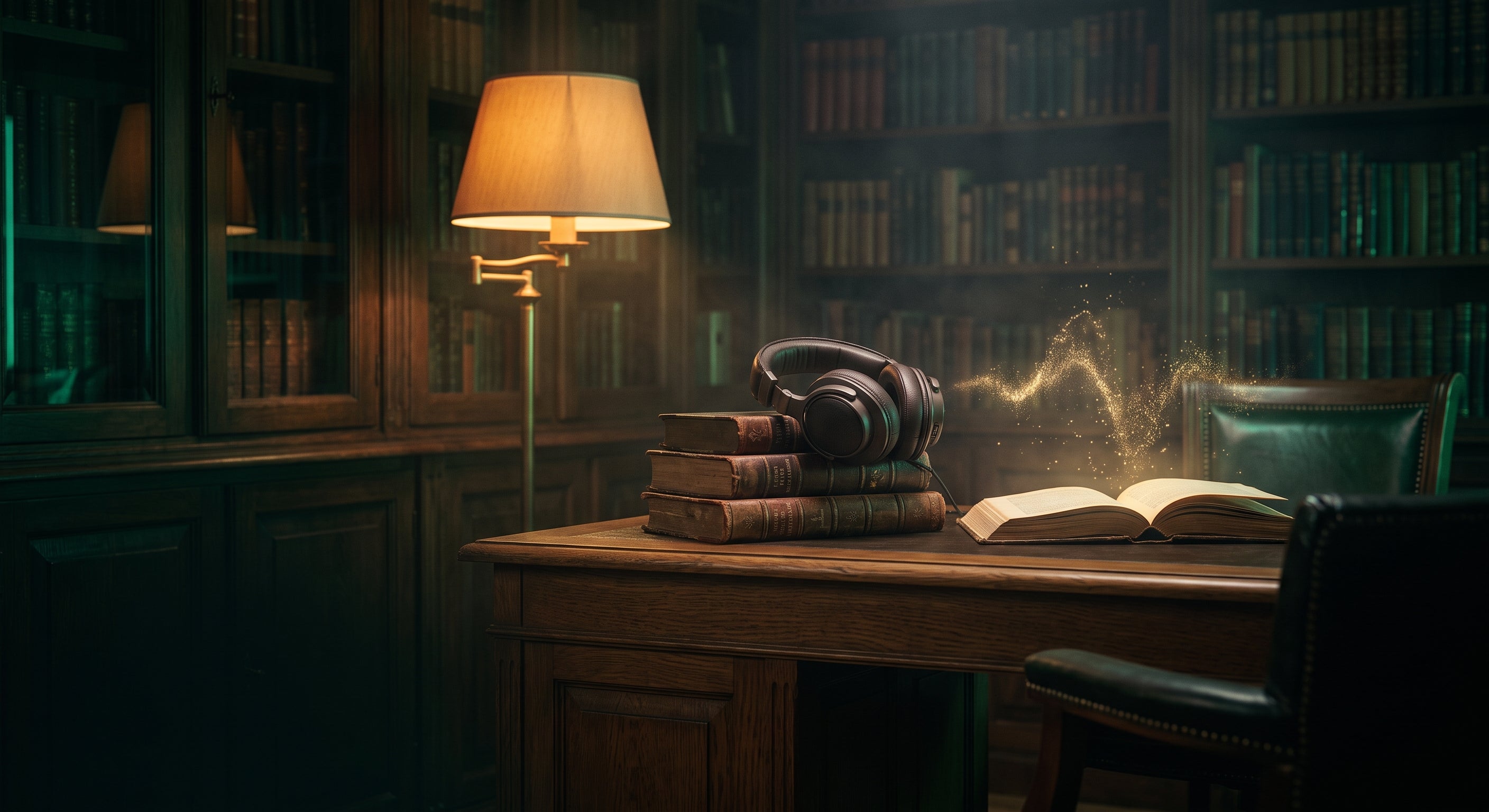 Biurko w starej bibliotece z lampą, książkami i słuchawkami